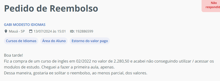 Captura de tela de uma das reclamações na página do Curso Gabi Modesto no Reclame Aqui