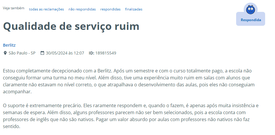 reclamação do berlitz no reclame aqui