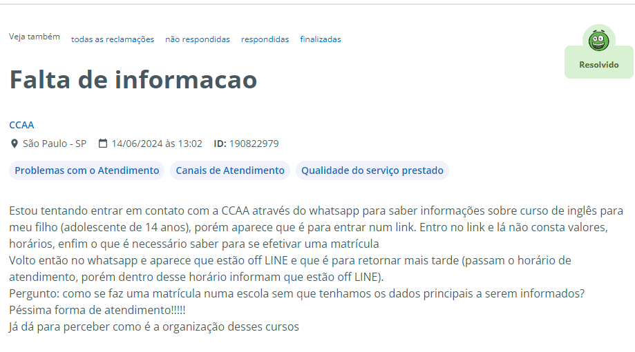 reclamação de estudante da ccaa no reclame aqui