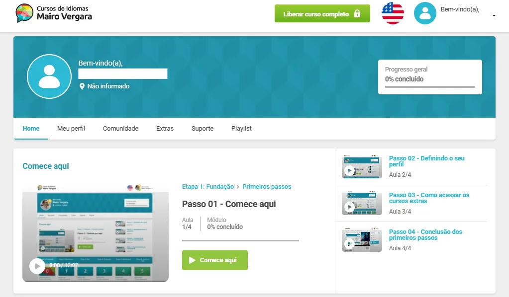 Tela inicial da plataforma do curso Mairo Vergara