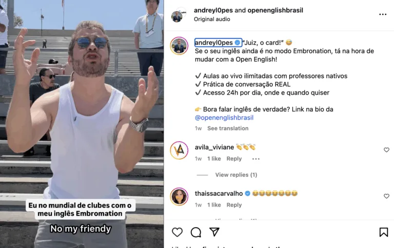 humorista em campanha da open english